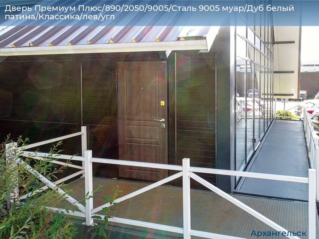 Дверь Премиум Плюс/890/2050/9005/Сталь 9005 муар/Дуб белый патина/Классика/лев/угл, arhangelsk.doorhan.ru